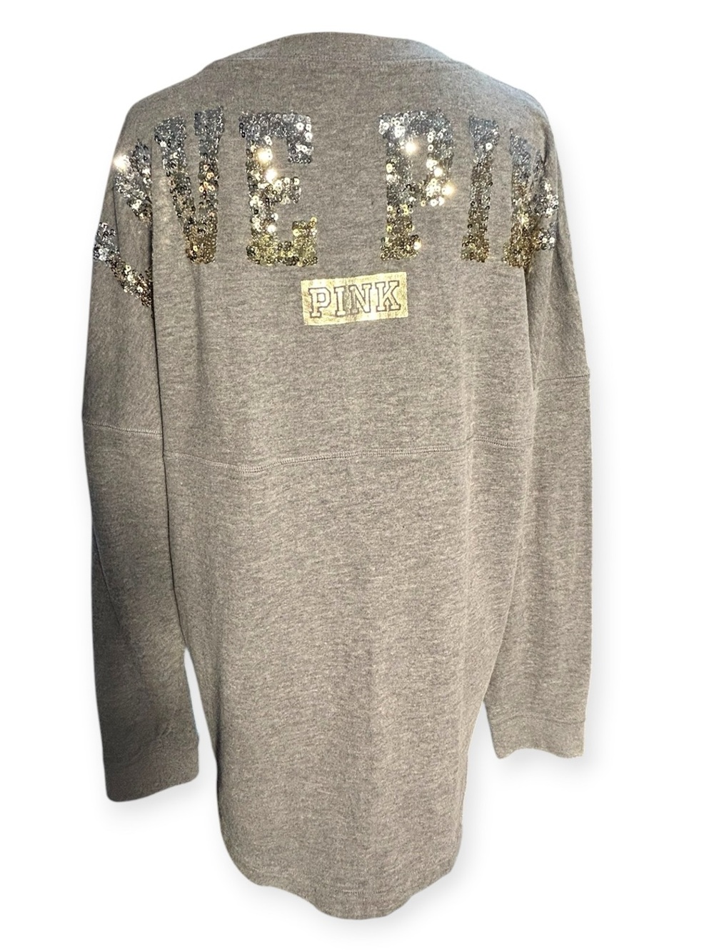 Victoria's Secret PINK "Love Pink" Bling Varsity Crew Sweatshirt Gray M